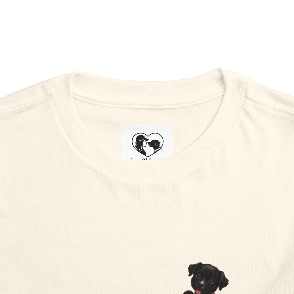 Toddler Tee — Cute Black Dog in Pink Car with "Dream. Believe. Love." Back Print