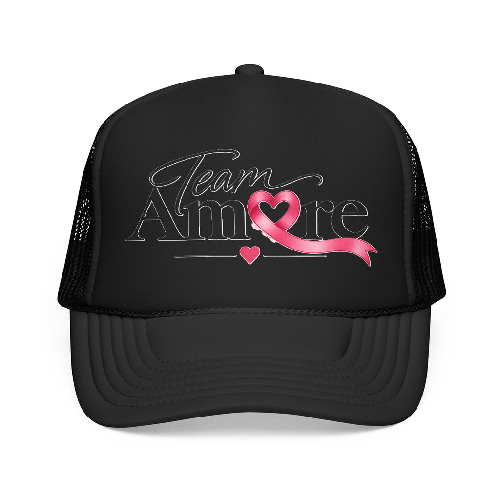 Team Amore Pink Ribbon Foam Trucker Hat — Breast Cancer Support & Valentine Heart Cap