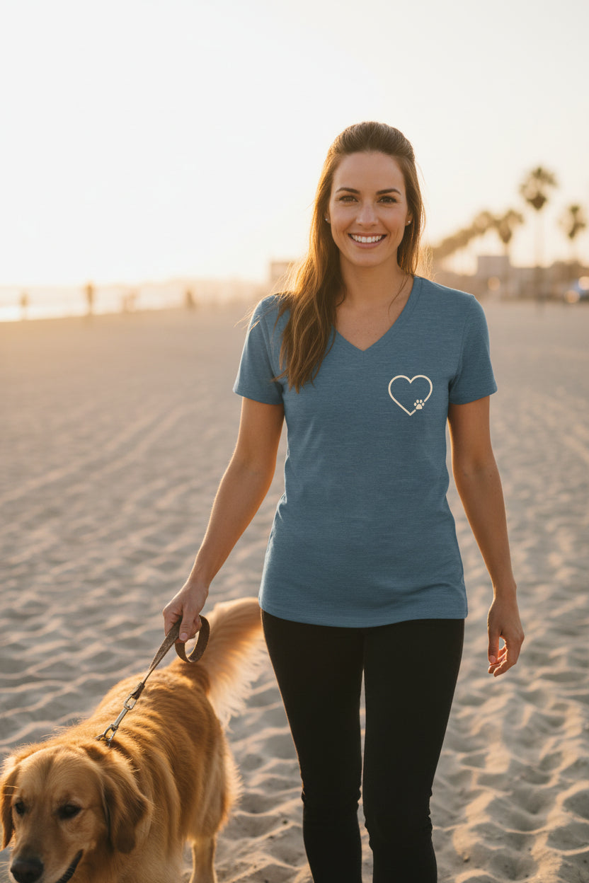 Women's V-Neck Heart Paw Chest Pocket Graphic T-Shirt