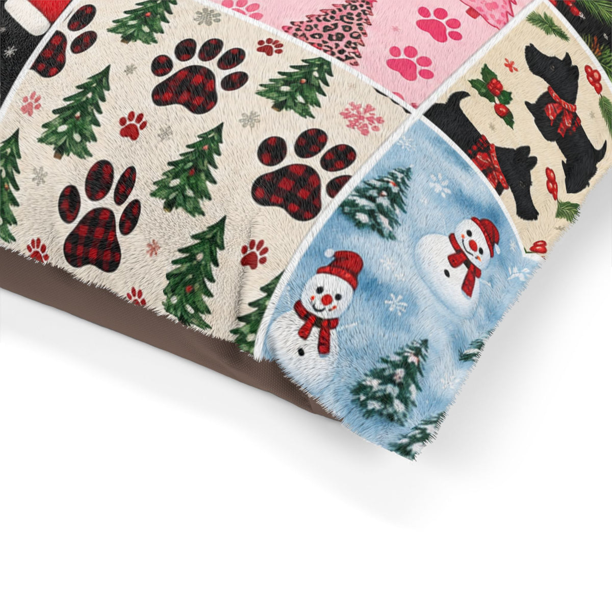Holiday Patchwork Pet Bed — Festive Paw Print & Puppy Pattern Dog Bed