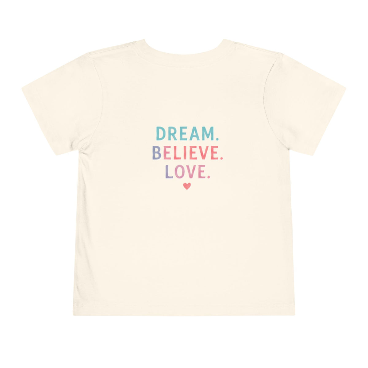 Toddler Tee — Cute Black Dog in Pink Car with "Dream. Believe. Love." Back Print