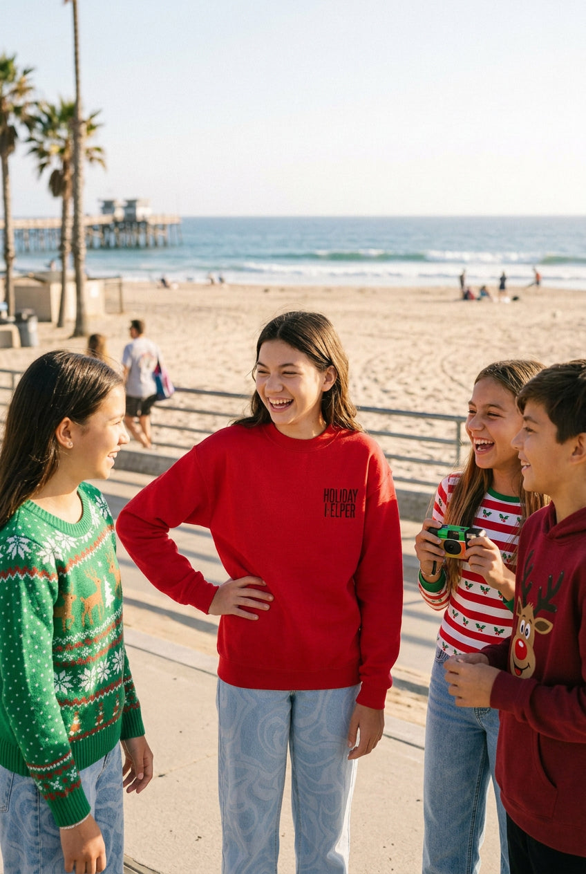 Youth Crewneck Sweatshirt — “Holiday Helper” & “All Elfed Out” Back