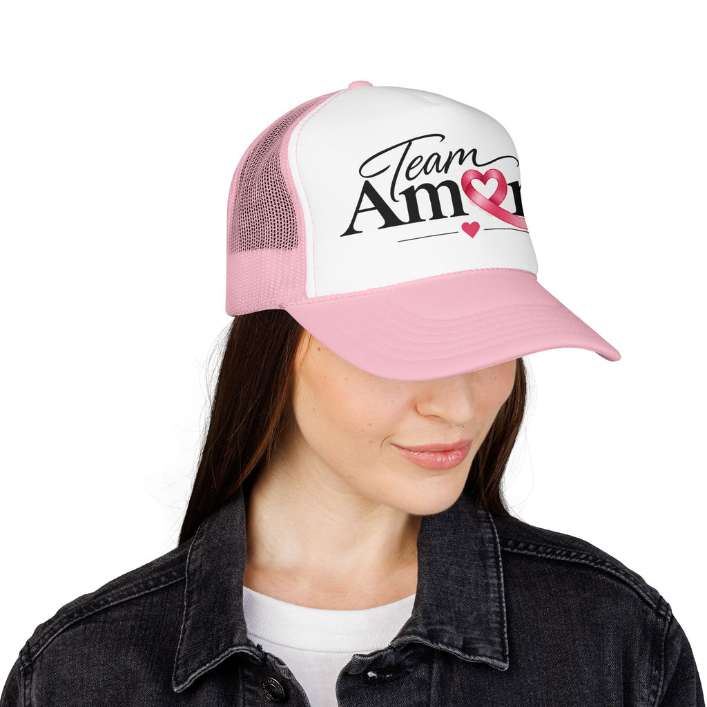 Team Amore Pink Ribbon Foam Trucker Hat — Breast Cancer Support & Valentine Heart Cap