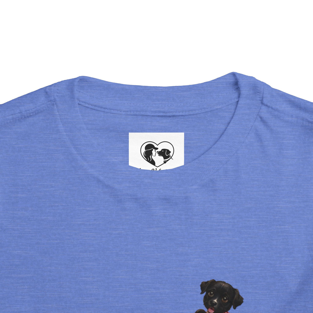 Toddler Tee — Cute Black Dog in Pink Car with "Dream. Believe. Love." Back Print
