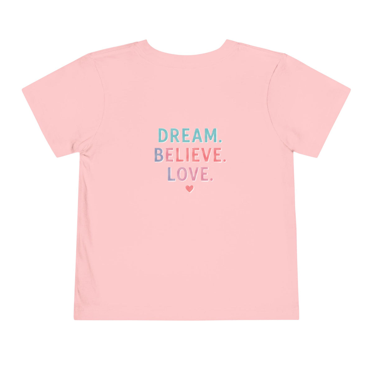 Toddler Tee — Cute Black Dog in Pink Car with "Dream. Believe. Love." Back Print