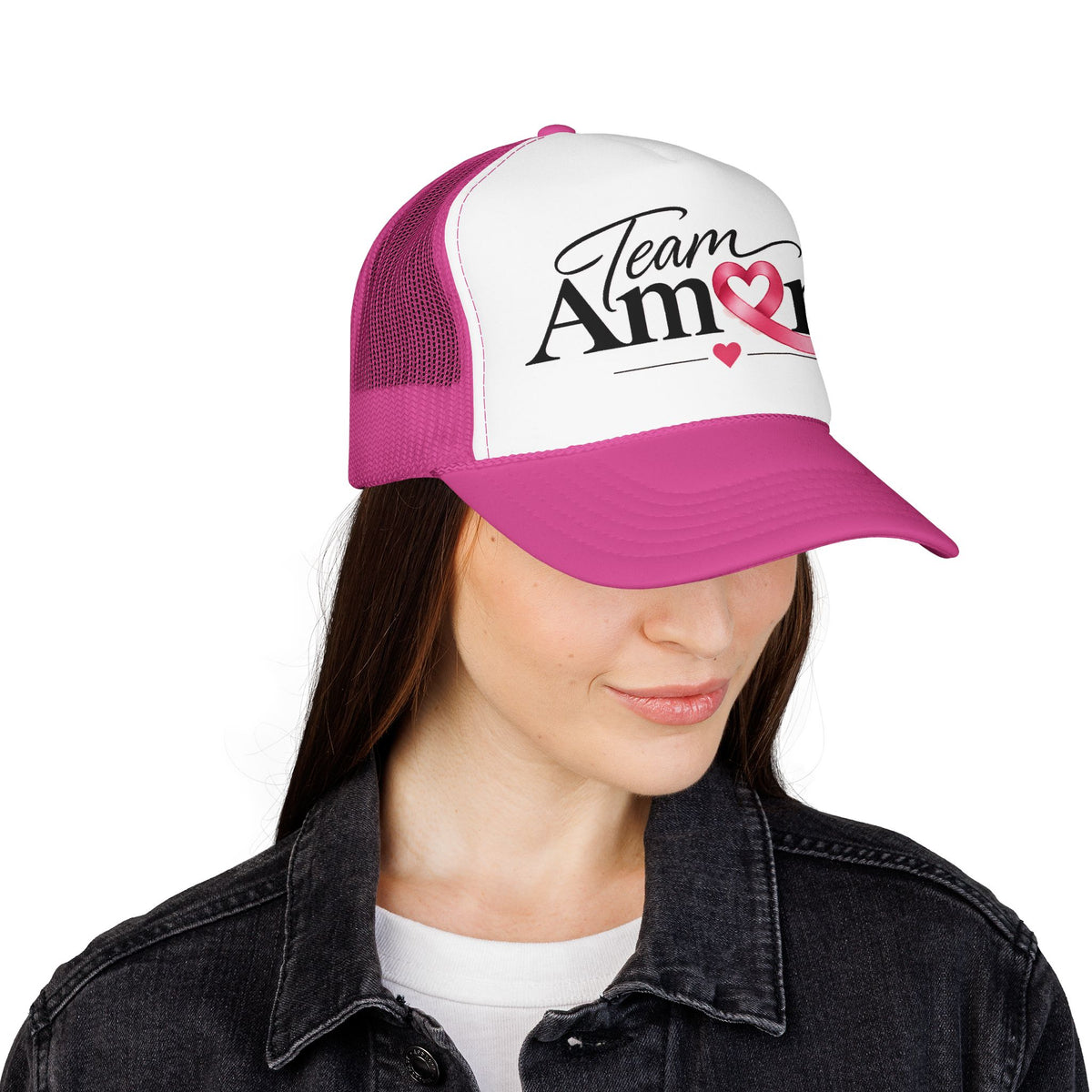 Team Amore Pink Ribbon Foam Trucker Hat — Breast Cancer Support & Valentine Heart Cap