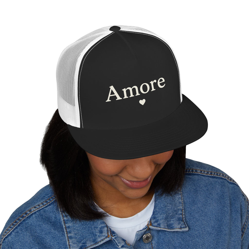 Amore Heart Trucker Hat – Vintage Script Snapback Cap