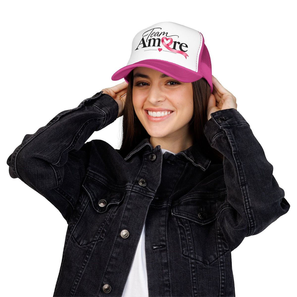 Team Amore Pink Ribbon Foam Trucker Hat — Breast Cancer Support & Valentine Heart Cap