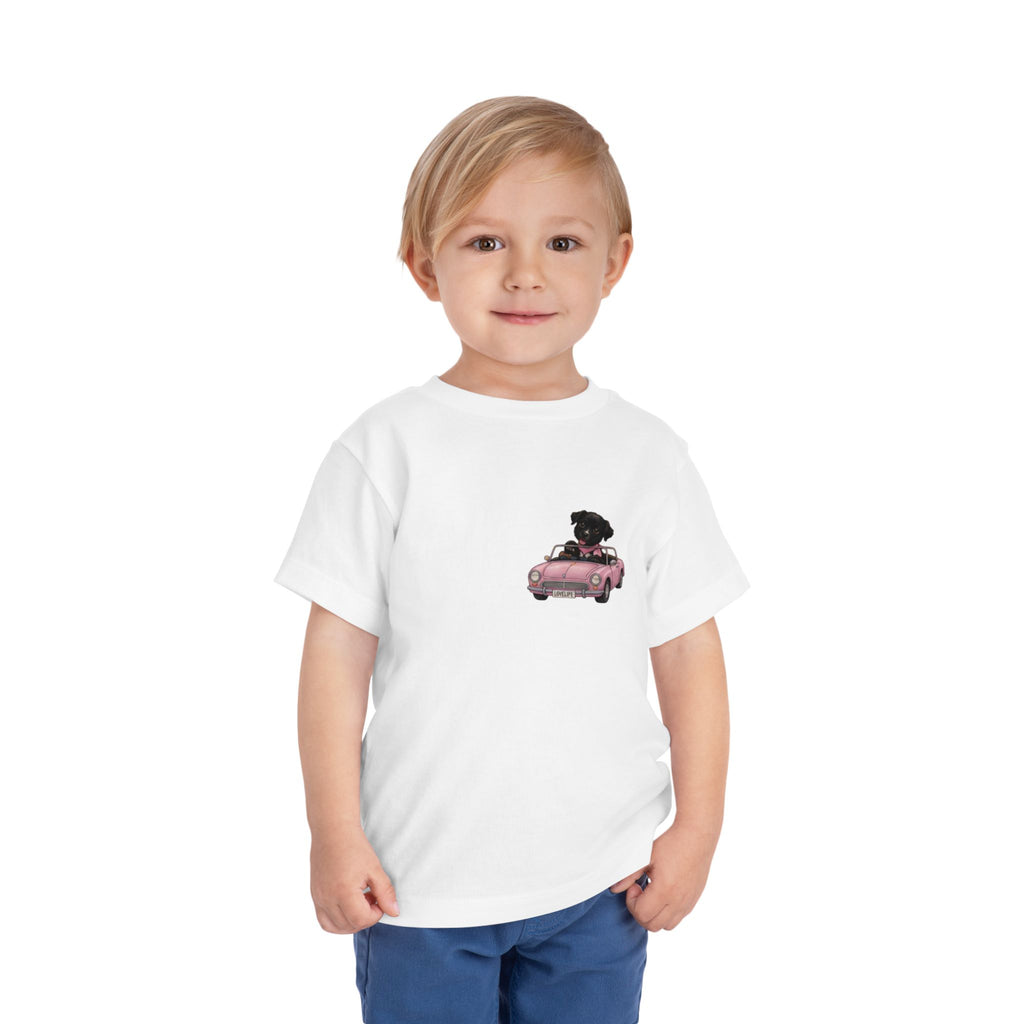 Toddler Tee — Cute Black Dog in Pink Car with "Dream. Believe. Love." Back Print