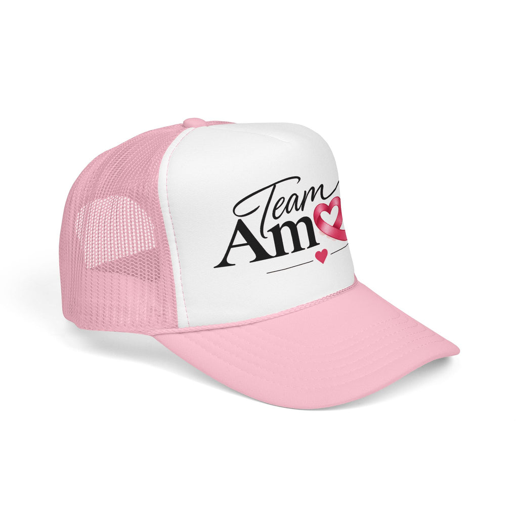 Team Amore Pink Ribbon Foam Trucker Hat — Breast Cancer Support & Valentine Heart Cap