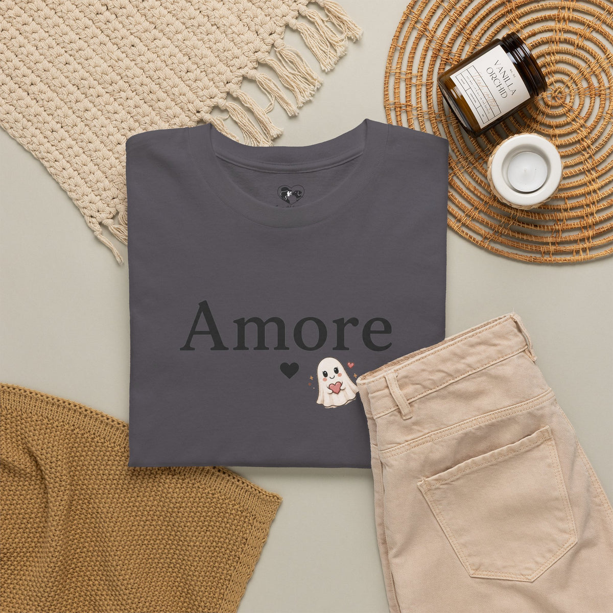 Women's Amore Halloween Icon Palm Trees & Pumpkin Spice Graphic T-Shirt