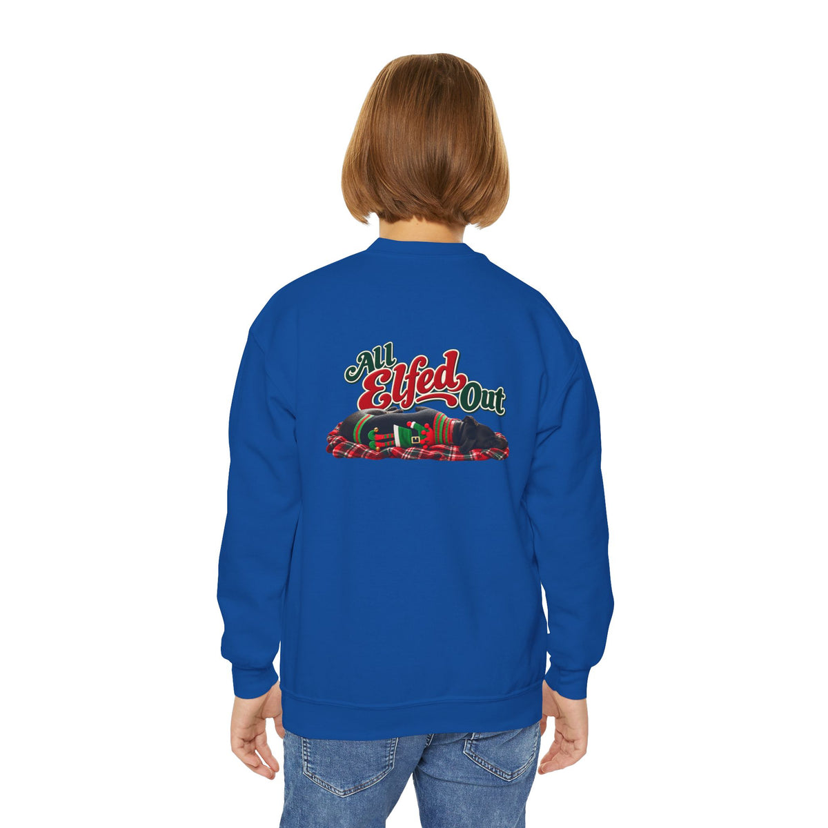 Youth Crewneck Sweatshirt — “Holiday Helper” & “All Elfed Out” Back