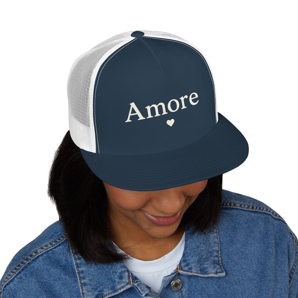 Amore Heart Trucker Hat – Vintage Script Snapback Cap
