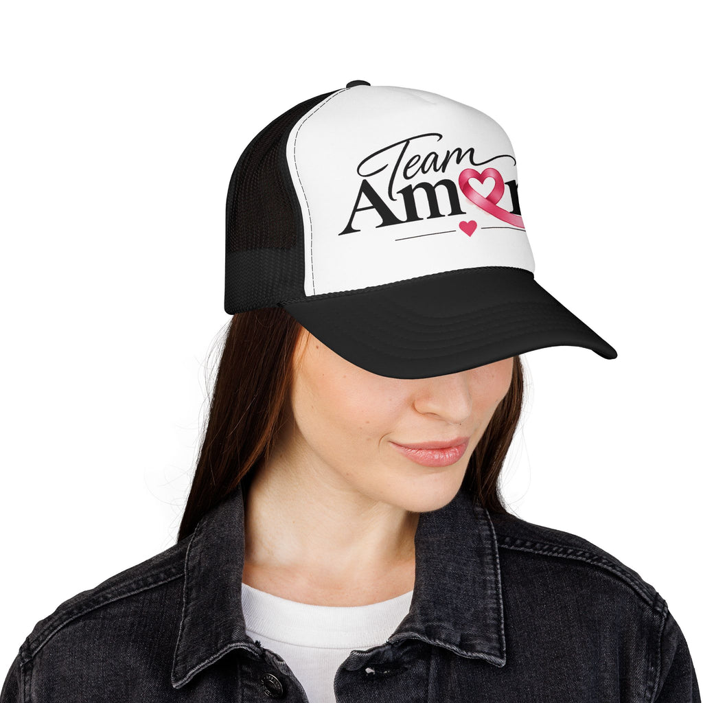 Team Amore Pink Ribbon Foam Trucker Hat — Breast Cancer Support & Valentine Heart Cap