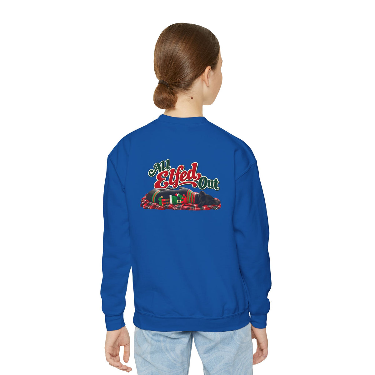 Youth Crewneck Sweatshirt — “Holiday Helper” & “All Elfed Out” Back