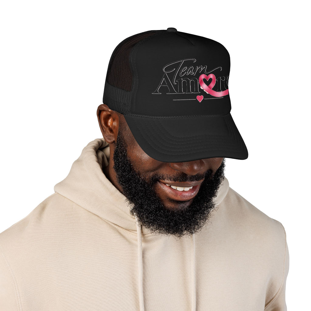 Team Amore Pink Ribbon Foam Trucker Hat — Breast Cancer Support & Valentine Heart Cap