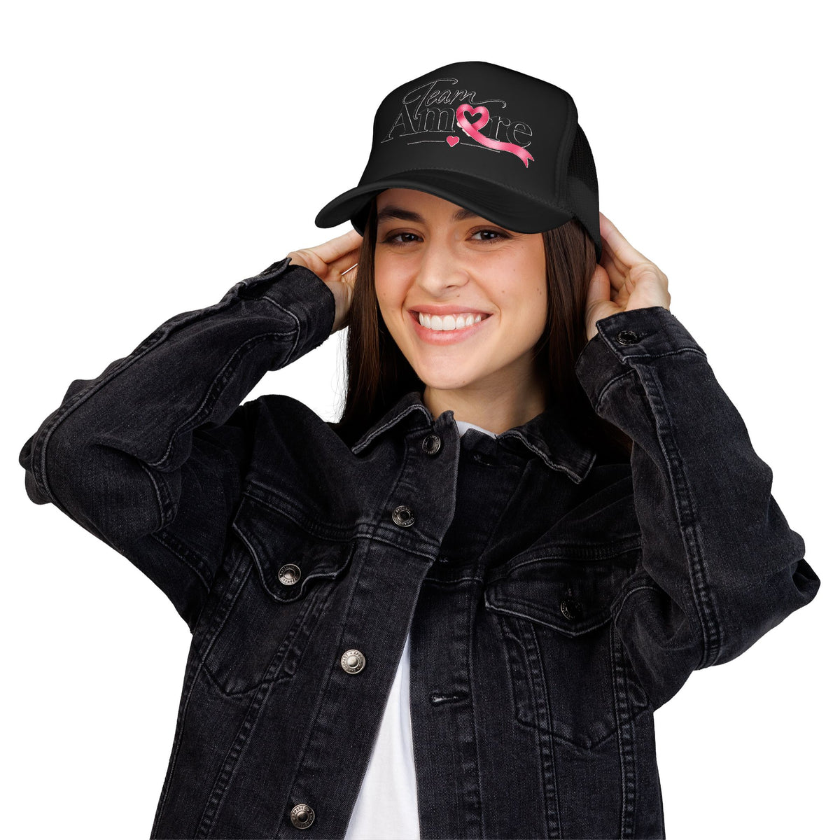 Team Amore Pink Ribbon Foam Trucker Hat — Breast Cancer Support & Valentine Heart Cap