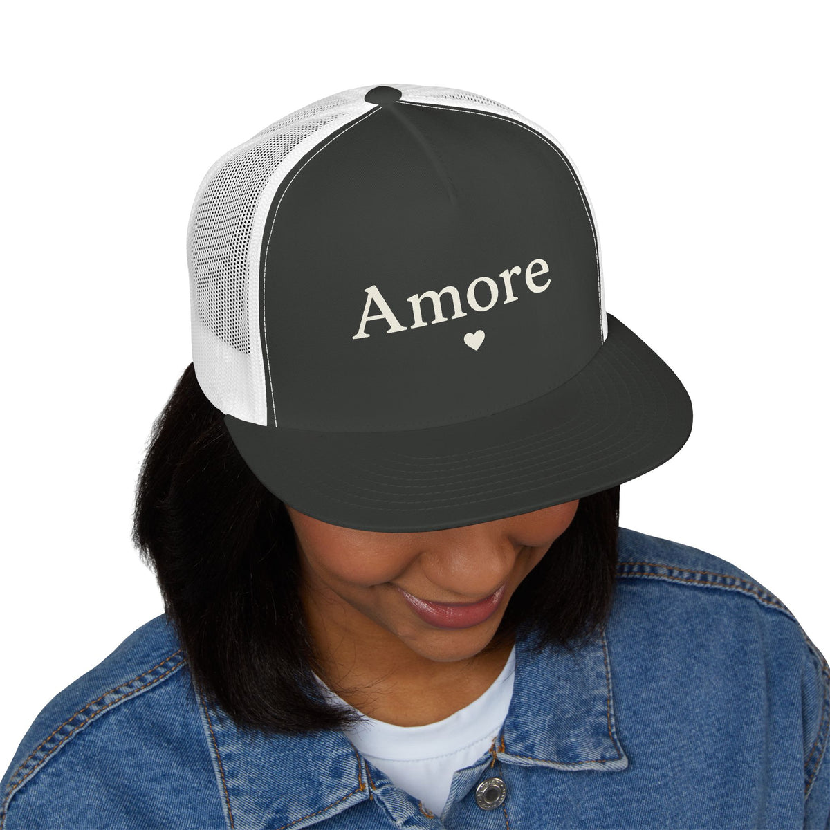 Amore Heart Trucker Hat – Vintage Script Snapback Cap