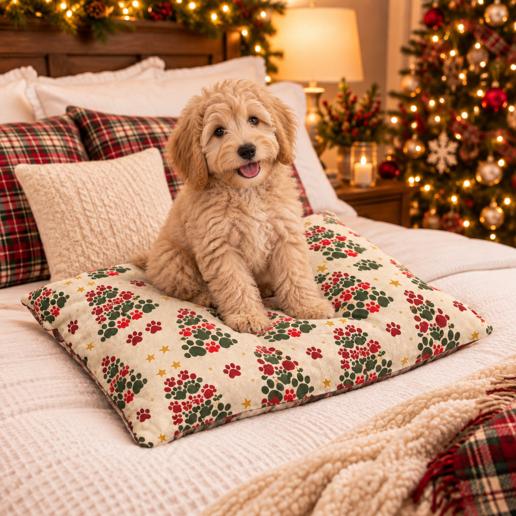 Holiday Paw Print Pet Bed — Festive Christmas Tree Pattern