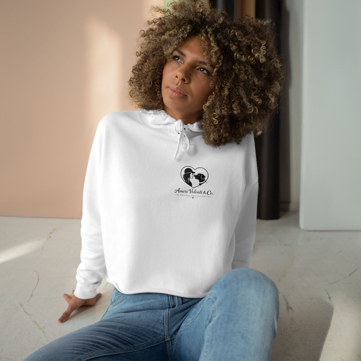 Adult Crop Hoodie Amore Valenti & Co Logo Dog Heart Silhouette