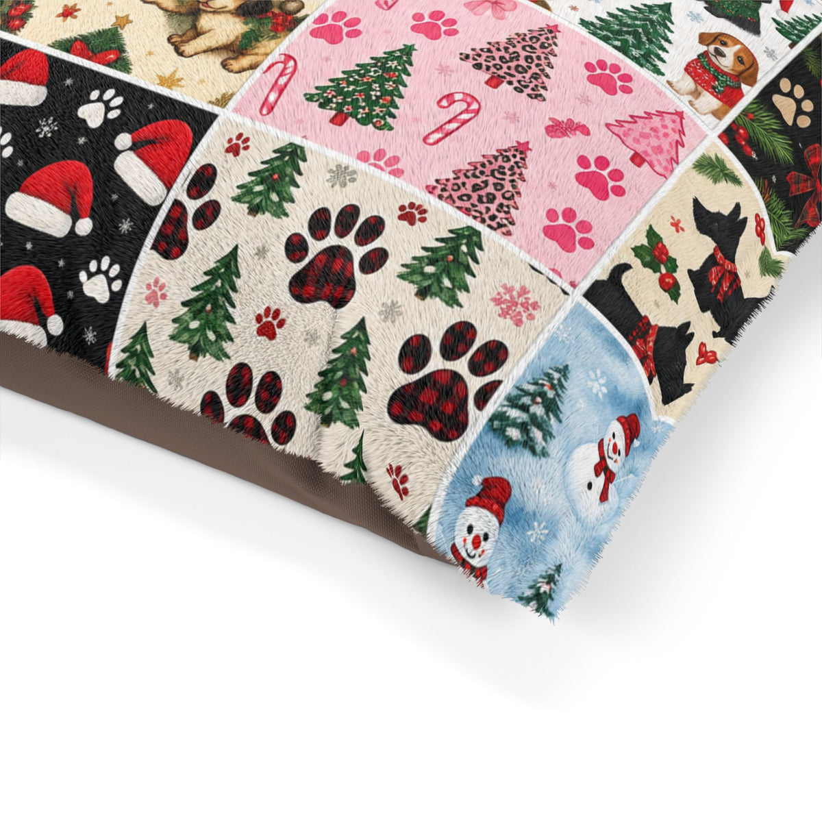 Holiday Patchwork Pet Bed — Festive Paw Print & Puppy Pattern Dog Bed