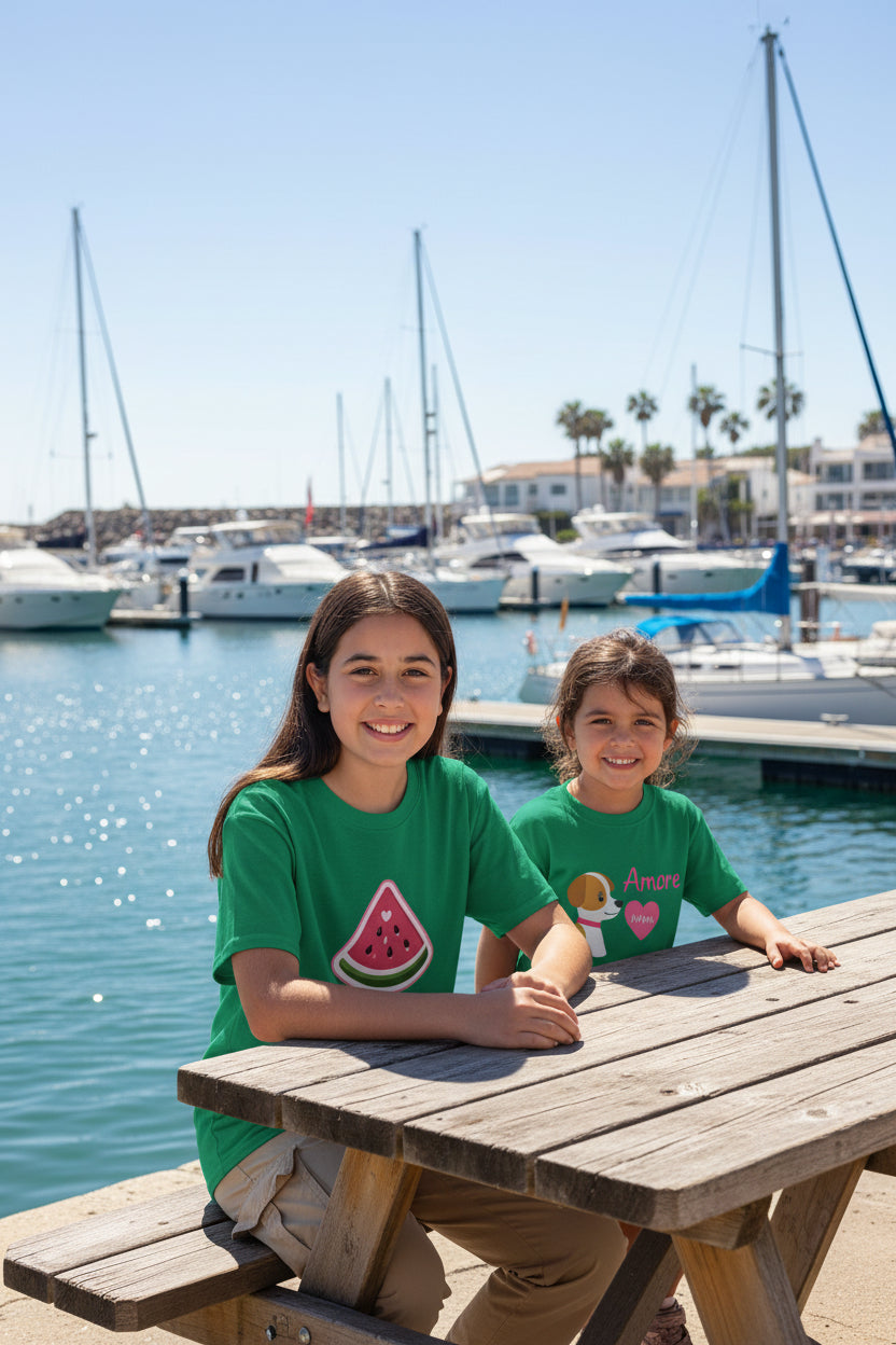 Kids Watermelon Slice T-Shirt with Amore Puppy Back Graphic