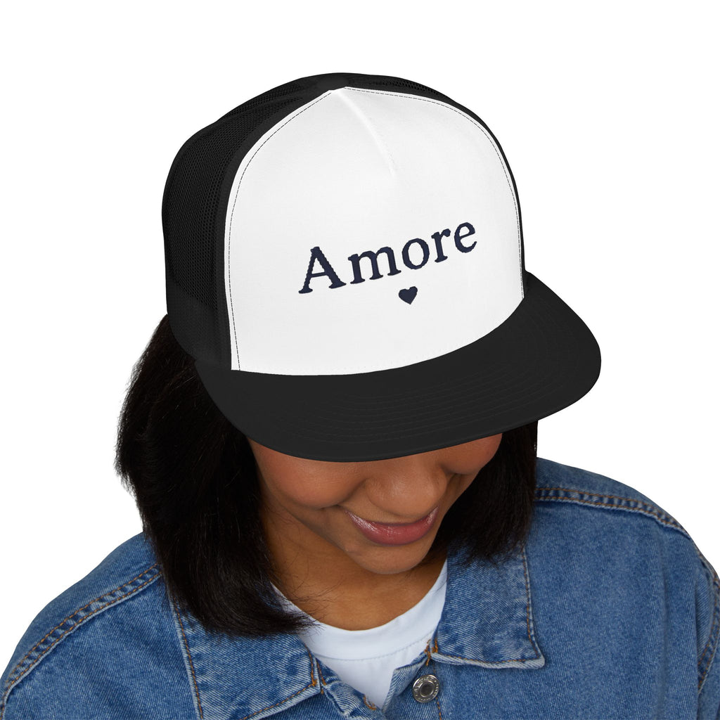 Amore Heart Trucker Hat – Vintage Script Snapback Cap