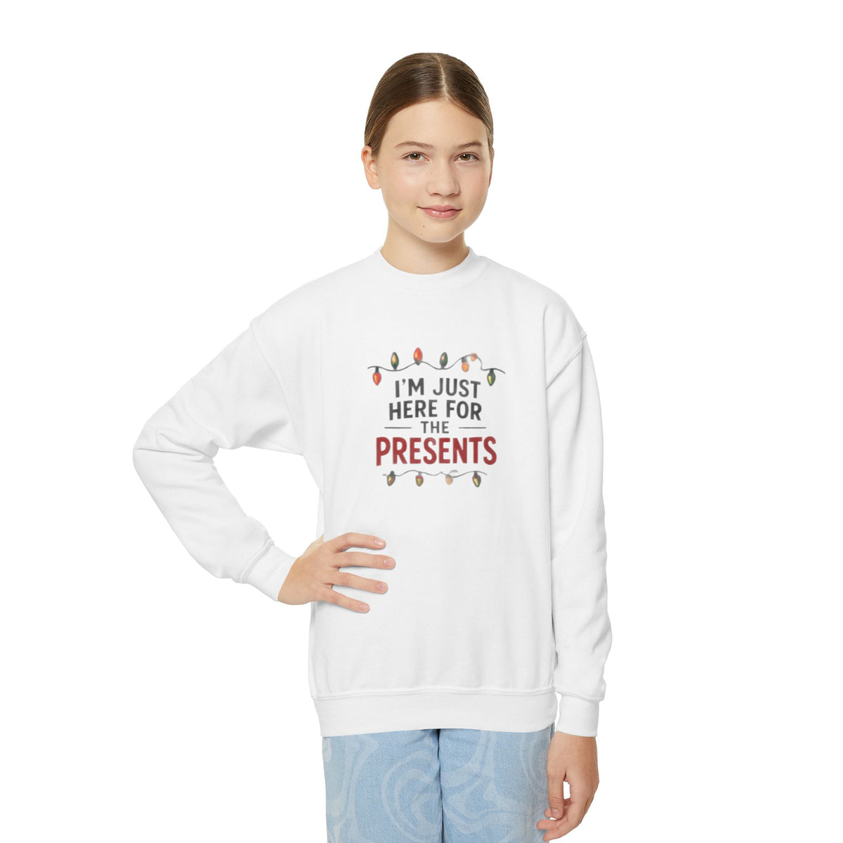 Youth Sweatshirt - "I’m Just Here for the Presents" Christmas Crewneck