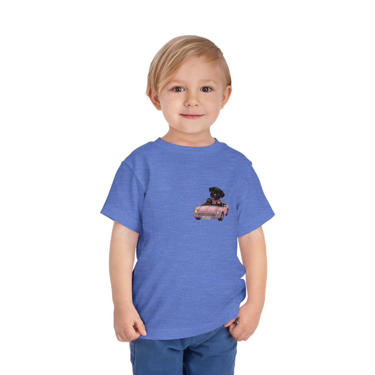 Toddler Tee — Cute Black Dog in Pink Car with "Dream. Believe. Love." Back Print
