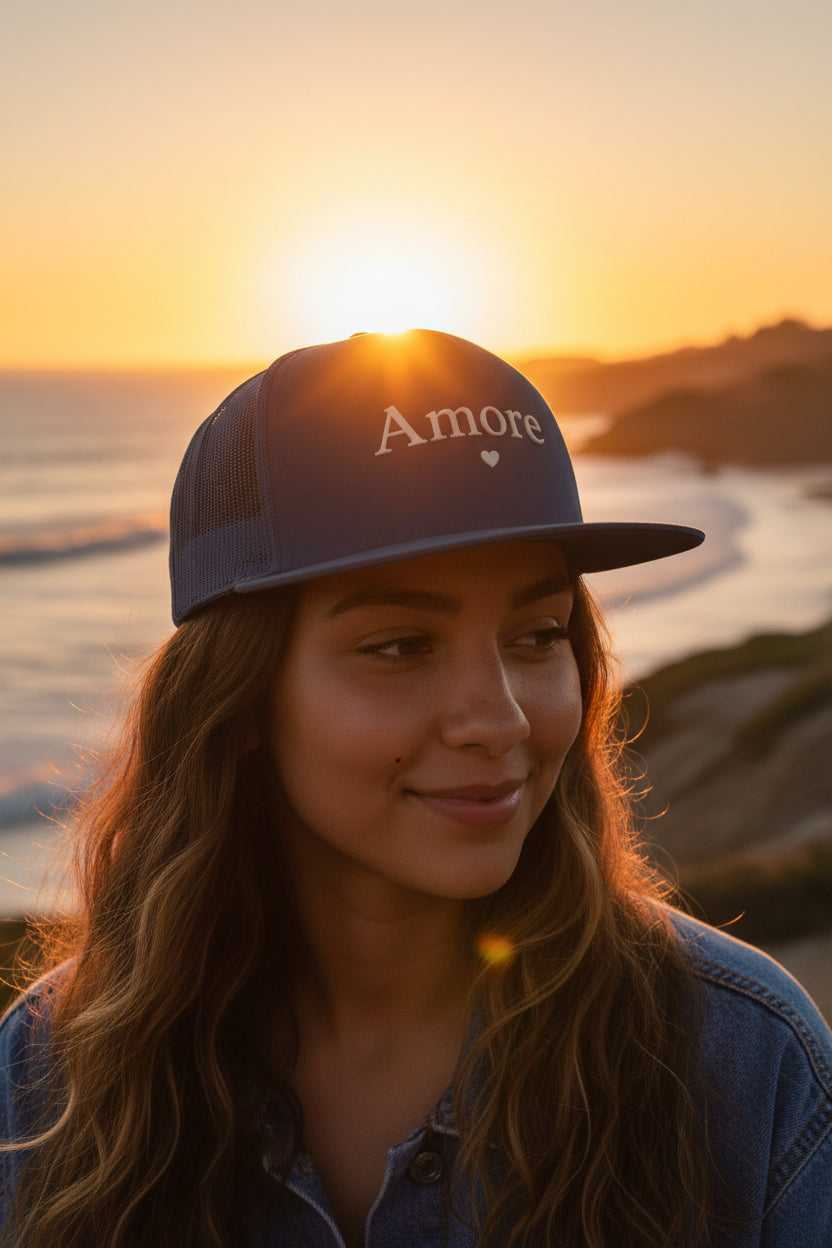 Amore Heart Trucker Hat – Vintage Script Snapback Cap