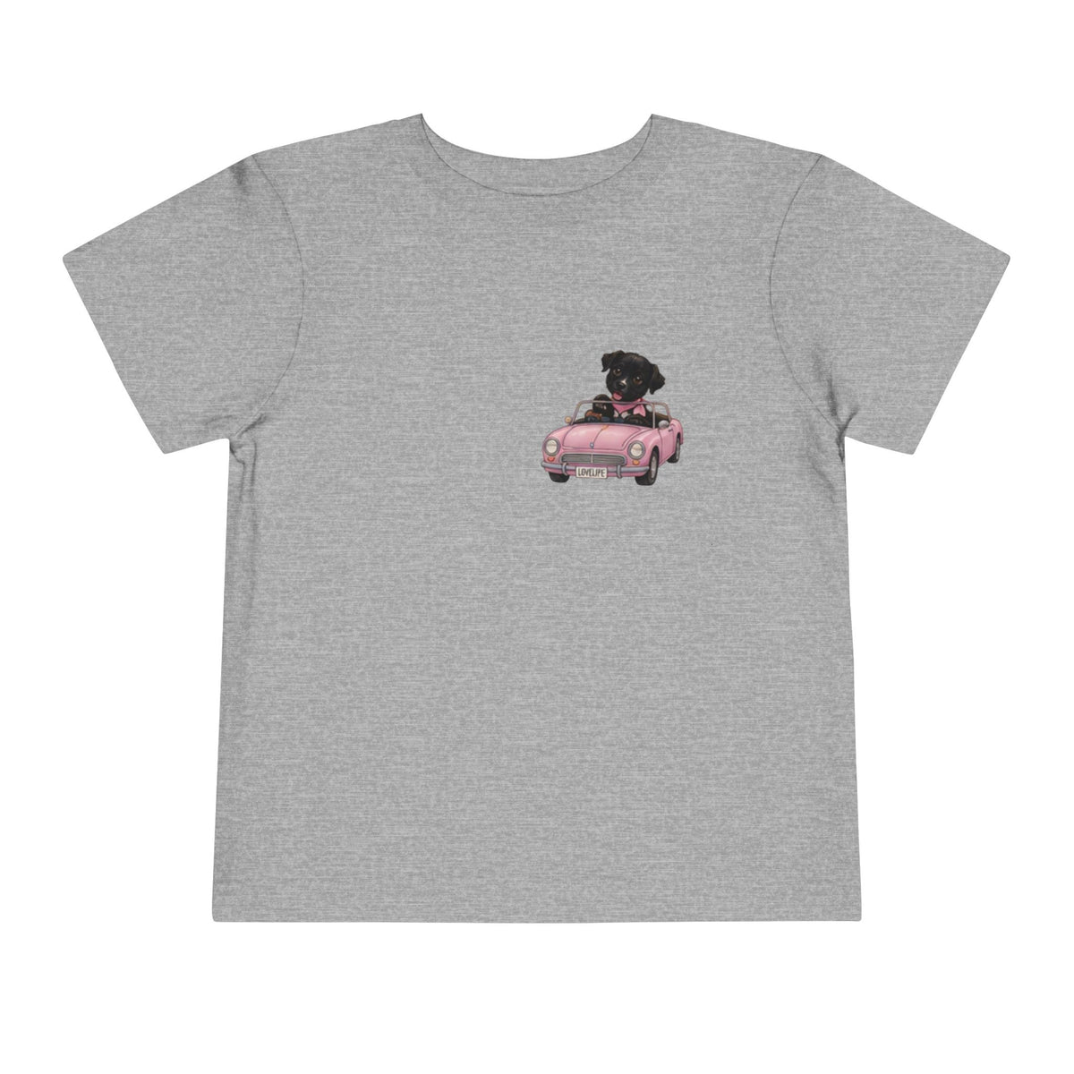 Toddler Tee — Cute Black Dog in Pink Car with "Dream. Believe. Love." Back Print