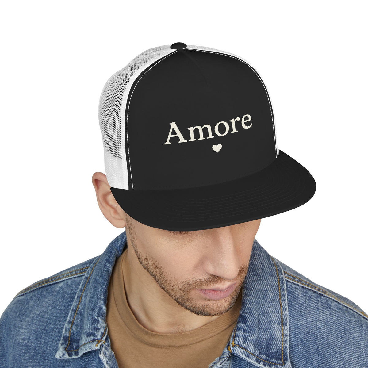Amore Heart Trucker Hat – Vintage Script Snapback Cap