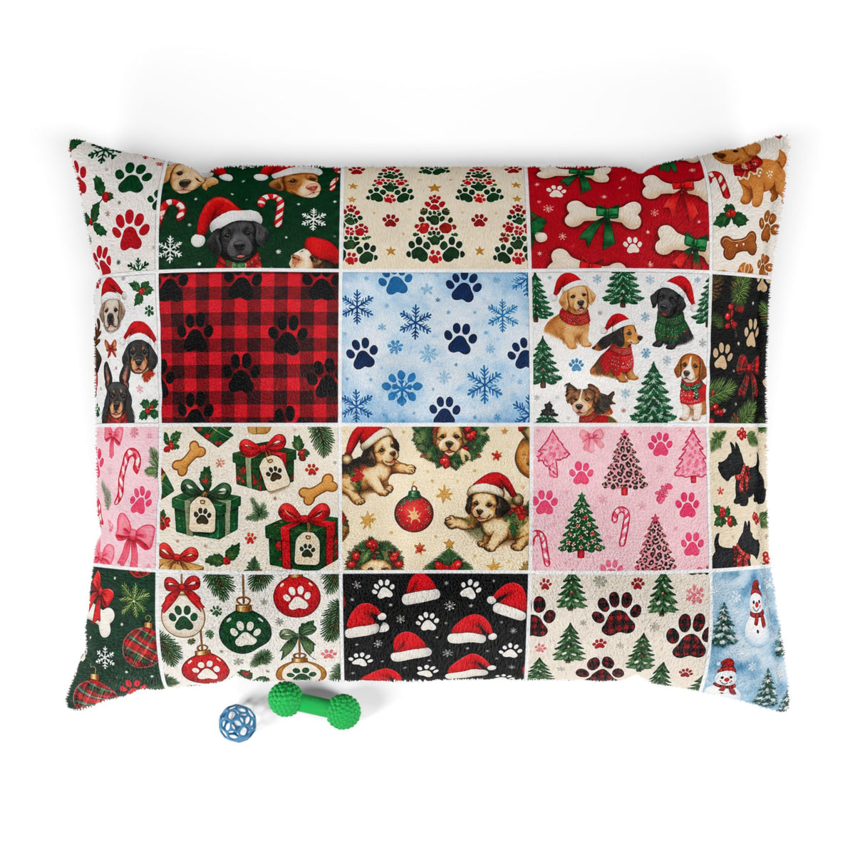 Holiday Patchwork Pet Bed — Festive Paw Print & Puppy Pattern Dog Bed